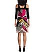 Color:Azalea - Image 2 - Mod Floral Print Knit Jersey Square Neck Cold Shoulder 3/4 Sleeve A-Line Dress
