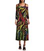Color:Gina - Image 1 - Rainbow Waves Print Knit Jersey Off-the-Shoulder 3/4 Sleeve A-Line Midi Dress