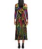 Color:Gina - Image 2 - Rainbow Waves Print Knit Jersey Off-the-Shoulder 3/4 Sleeve A-Line Midi Dress