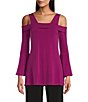 Color:Magenta - Image 1 - Solid Knit Jersey Long Bell Sleeve Cold Shoulder Tunic