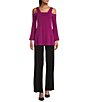 Color:Magenta - Image 3 - Solid Knit Jersey Long Bell Sleeve Cold Shoulder Tunic