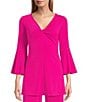 Color:Neon Pink - Image 1 - Solid Knit Jersey Twist V-Neck 3/4 Bell Sleeve Coordinating A-Line Tunic