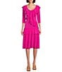 Color:Neon Pink - Image 1 - Solid Knit Jersey V-Neck 3/4 Sleeve Asymmetric Double Ruffle Tiered A-Line Midi Dress