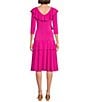Color:Neon Pink - Image 2 - Solid Knit Jersey V-Neck 3/4 Sleeve Asymmetric Double Ruffle Tiered A-Line Midi Dress