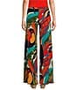 Color:Toucan - Image 2 - Toucan Tropical Leaf Print Knit Jersey Elastic Waist Wide-Leg Pull-On Pants