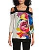 Color:Celine - Image 1 - Watercolor Floral Placement Print Knit Jersey Square Neck 3/4 Sleeve Cold Shoulder Tunic