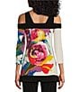 Color:Celine - Image 2 - Watercolor Floral Placement Print Knit Jersey Square Neck 3/4 Sleeve Cold Shoulder Tunic