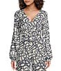 Every Doodle Abstract Print Linen Blend Long Sleeve Coordinating Crop Top, Color:Multi - Image 1