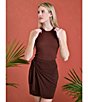 Color:Espresso - Image 5 - Knit High Waisted Side Tie Faux Wrap Pull-On Mini Skirt
