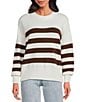 Every Knit Striped Crew Neck Long Sleeve Sweater, Color:Ivory Brown - Image 1