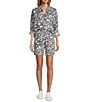 Every Linen Doodle Print Linen Blend V-Neck Long Sleeve Button Front Coordinaitng Blouse, Color:Multi - Image 3
