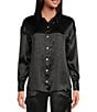 Color:Black - Image 1 - Satin Long Sleeve Full Button Down Coordinating Shirt