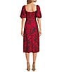 Color:Red Chocolate - Image 2 - Floral Print Short Puff Sleeve Sweetheart Neck Knot Front Cut Out Midi Dress