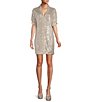 Color:Champagne - Image 1 - Short Sleeve Sequin Point Collar Mini Shift Dress