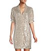 Color:Champagne - Image 3 - Short Sleeve Sequin Point Collar Mini Shift Dress