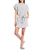 Color:White-Black - Image 1 - Striped Button Front Crew Neck Tie Waist Short Sleeve Mini Shirt Dress