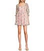 Color:Ivory/Mauve - Image 1 - 3/4#double; Sleeve 3D Floral Baby Doll Dress