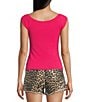 Evolutionary Boat Neck Ribbed Short Sleeve Top, Color:Fuchsia - Image 2