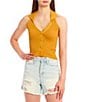 Color:Mustard - Image 1 - Button Front Johnny Collar Halter Rib Knit Crop Top