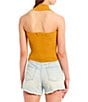 Color:Mustard - Image 2 - Button Front Johnny Collar Halter Rib Knit Crop Top