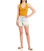 Color:Mustard - Image 3 - Button Front Johnny Collar Halter Rib Knit Crop Top
