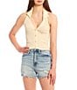 Color:Natural - Image 1 - Button Front Johnny Collar Halter Rib Knit Crop Top