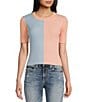 Color:Blue/Pink - Image 1 - Colorblock Knit Short Sleeve Sweater Top