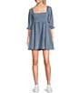 Color:Blue - Image 1 - Elbow 3/4#double; Sleeve Babydoll Dress