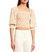 Color:White/Mustard - Image 1 - Elbow Sleeve Square Neck Floral Smocked Top