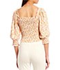 Color:White/Mustard - Image 2 - Elbow Sleeve Square Neck Floral Smocked Top