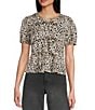 Evolutionary Leopard Print Tie Front Short Sleeve Top, Color:Taupe/Black - Image 1