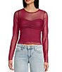 Evolutionary Mesh Boat Neck Long Sleeve Top, Color:Wine - Image 1