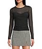 Evolutionary Mesh Side Ruched Long Sleeve Top, Color:Black - Image 1