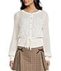 Evolutionary Pointelle Crew Neck Long Sleeve Button Front Sweater, Color:Cream - Image 1