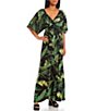 Color:Black/Green - Image 1 - Printed Short Sleeve Tie Back Kimono Dress