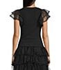 Evolutionary Ribbed Short Sleeve Ruffle Sleeve Top, Color:Black - Image 2