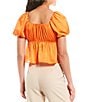 Color:Orange - Image 2 - Short Puff Sleeve Smocked Waist Peasant Top
