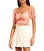 Color:Dusty Blush - Image 1 - Short Puff Sleeve V-Neck Cut Out Waist Flocked Dot Mesh Top