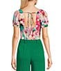 Evolutionary Short Sleeve Printed Cinch Waist Top, Color:Pink/Green - Image 2