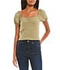 Color:Olive - Image 1 - Sweetheart Neck Short Sleeve Cinched Front Top
