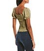 Color:Olive - Image 2 - Sweetheart Neck Short Sleeve Cinched Front Top