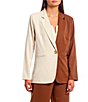 Color:Natural/Brown - Image 1 - Two-Tone Color Block Notch Collar Long Sleeve Jacket