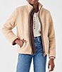 Color:Dark Cream - Image 1 - Ashbury High Pile Stand Collar Geometric Jacquard Trimmed Fleece Jacket