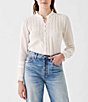 Color:White - Image 1 - Willa Ruffled Mock Neck Long Sleeve Picot Trim Agoya Button Front Blouse