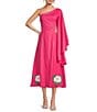 Color:Fuchsia - Image 1 - Amarya One-Shoulder Bell Sleeve Side Cut Out Floral Embroidered Midi Dress