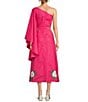 Color:Fuchsia - Image 2 - Amarya One-Shoulder Bell Sleeve Side Cut Out Floral Embroidered Midi Dress