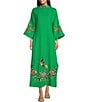Color:Kelly Green - Image 3 - Asia 3/4 Sleeves Mock Neck Floral Embroidery Linen Belted Side Slit Caftan Maxi Dress
