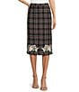 Fanm Mon Tweed Floral Embroidered High Waist Back Slit Opening Pencil Midi Coordinating Skirt, Color:Navy - Image 1