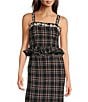 Fanm Mon Tweed Floral Embroidered Square Neckline Tank Strap Peplum Coordinating Top, Color:Navy - Image 1