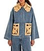 Farm Rio Blue Richelieu Embroidered Collared Long Sleeve Denim Barn Jacket - Image 1